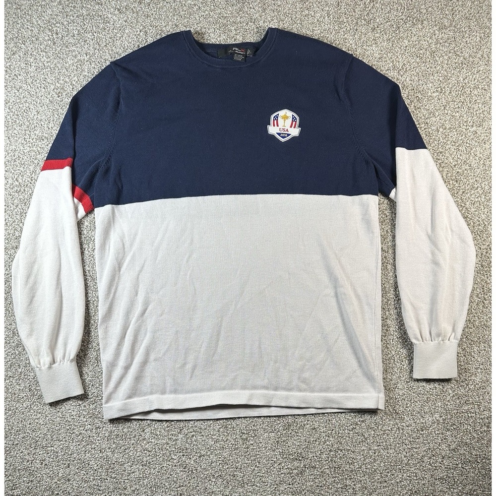 RLX Ralph Lauren Golf Sweater‎ Mens Large Blue White 2016 Ryder Cup Crewneck